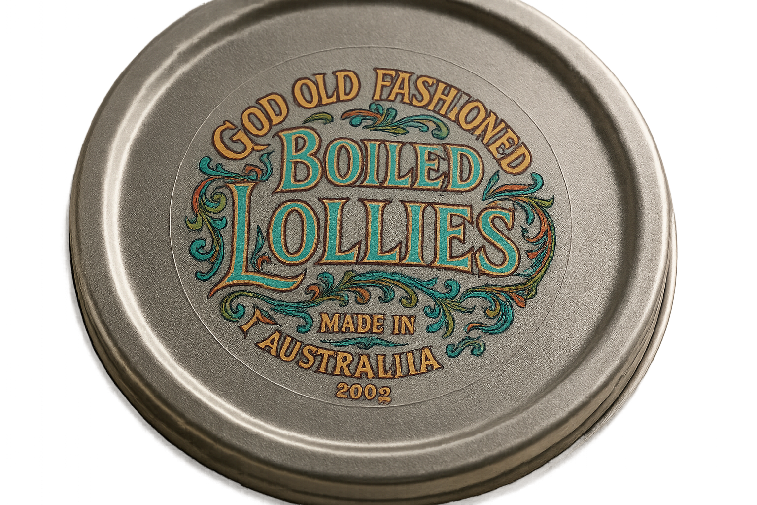a photograph of a clear round sticker that is 5cm across. The sticker is stuck onto the lid of a round tin.  The sticker has an art nouveau style logo printed on it in multiple colours, with the text ''Good Old Fashioned Boiled Lollies. Made in Australia 200g''. The sticker is clear.
