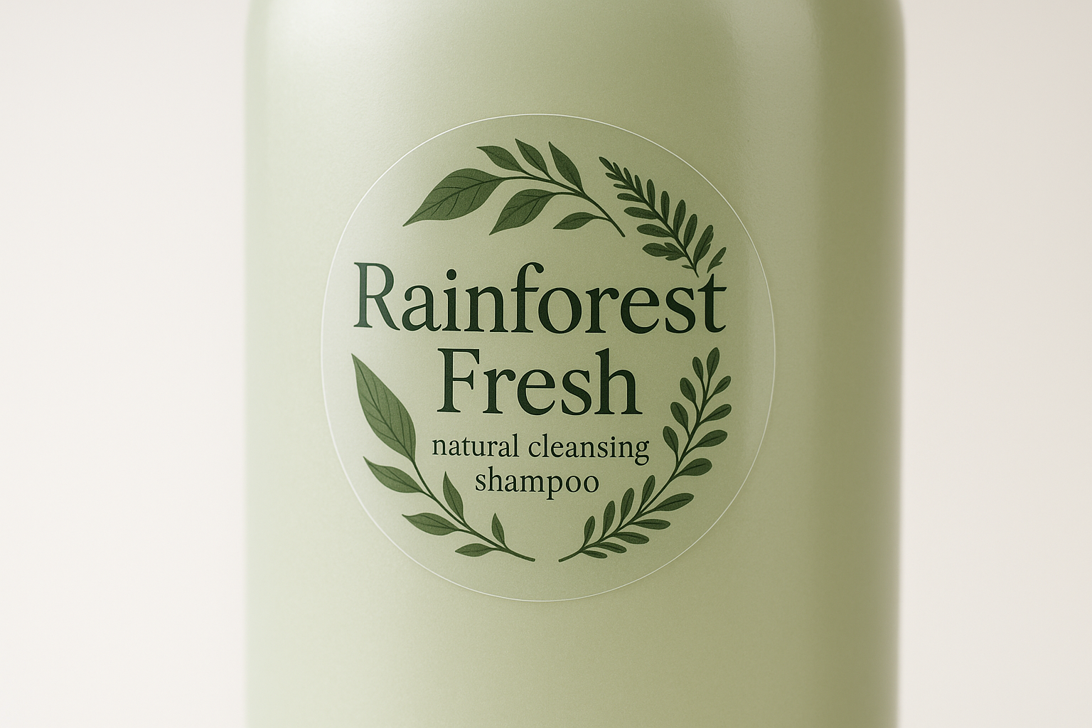 a photograph of a transparent round sticker that is 5cm across. The sticker is stuck onto a pale green shampoo bottle. The sticker has a pretty logo printed on it, with the text ''Rainforest Fresh, natural cleansing shampoo''