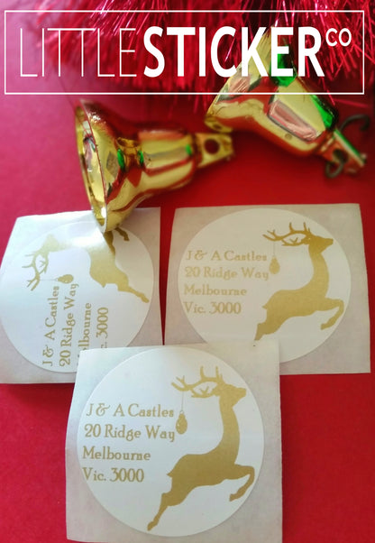 Christmas Stickers Personalised with your Name and address. 35mm gloss white circle with Matte Gold print Reindeer. Christmas return address labels