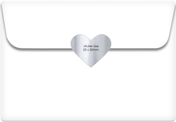 Silver Heart stickers 35x30mm. Metallic silver heart shaped labels