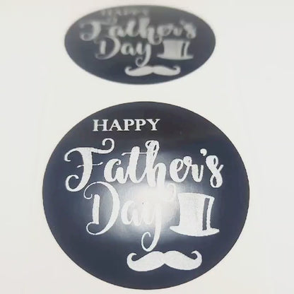 Happy Father's Day stickers. 40mm black gloss stickers with matte silver print, gentleman's top hat & moustache