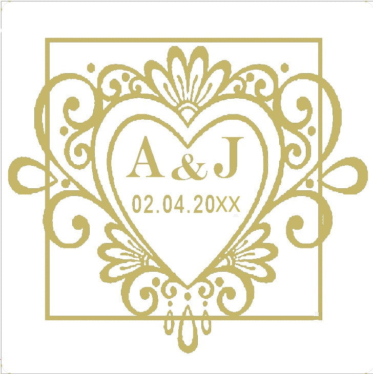 Wedding stickers, romantic swirly heart design, 35mm square stickers, personalised with your initials & date. Choose colour