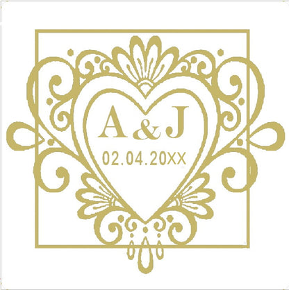 Wedding stickers, romantic swirly heart design, 35mm square stickers, personalised with your initials & date. Choose colour